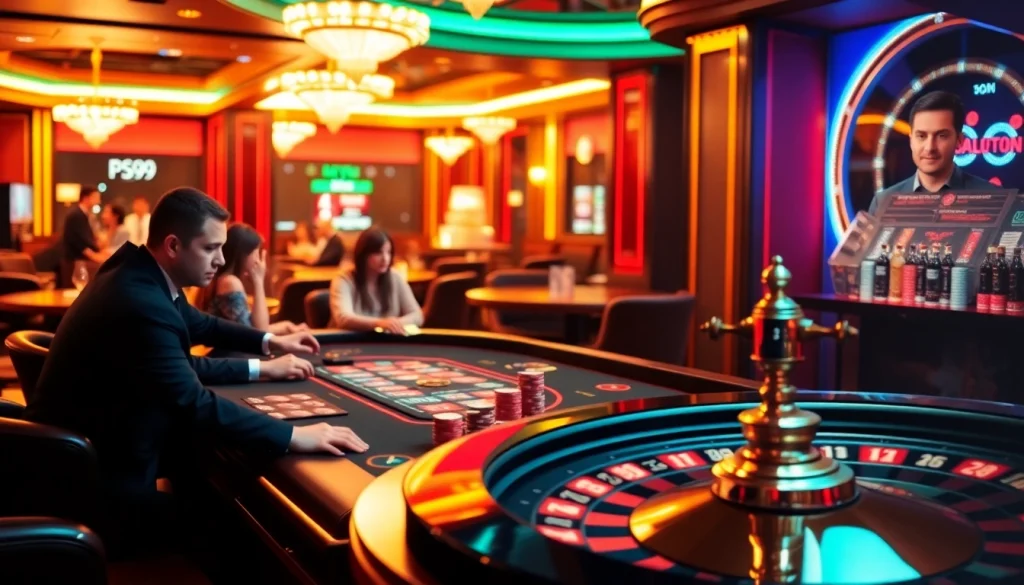 Experience thrilling gameplay at nhà cái PS99 with vibrant casino tables and intense poker action.