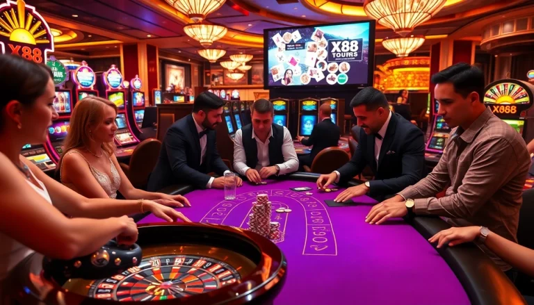 X88 tours players engaging at a luxurious casino table with chips and roulette.