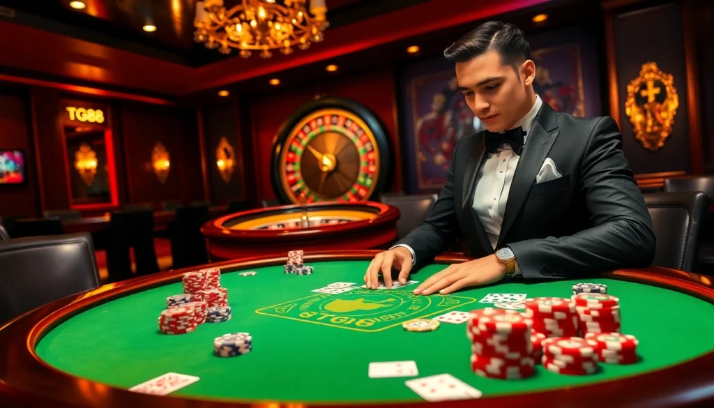 Engaging scene of a TG88-themed poker table with vibrant chips and cards in a luxury casino.