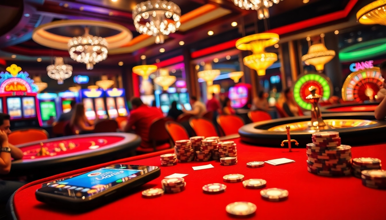 Exciting u88 casino scene showcasing vibrant gaming tables, poker chips, and a luxury atmosphere.