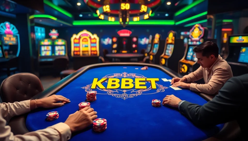 KBBET offers an exciting online gambling atmosphere with poker, chips, and vibrant slot machines.