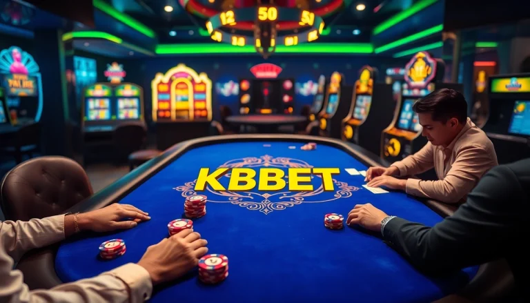 KBBET offers an exciting online gambling atmosphere with poker, chips, and vibrant slot machines.