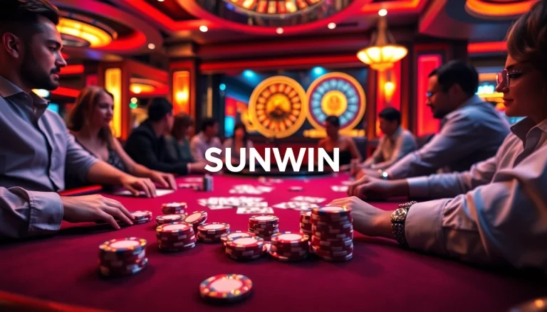 SUNWIN casino gaming table with vibrant poker enthusiasts and glistening chips.