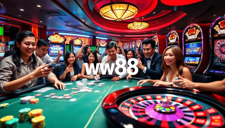 Engage in thrilling casino gameplay with the ww88 online platform featuring poker cards and roulette wheels.