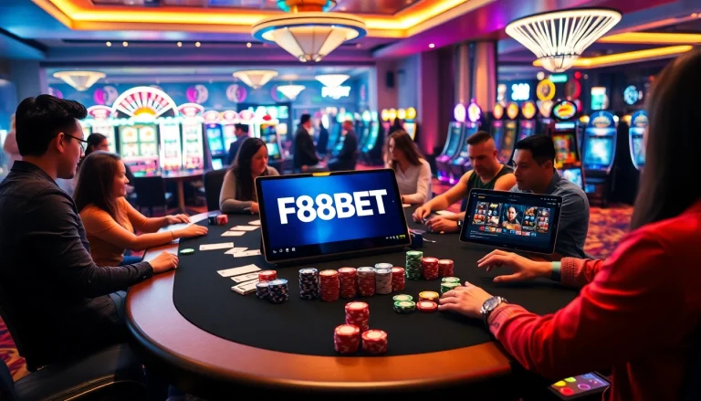 Players enjoying online gaming at F8BET.dental with vibrant casino elements and poker chips.