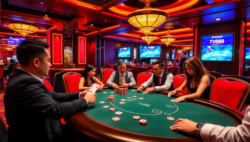 Engaging poker players with TV88 chips at a luxurious casino table.