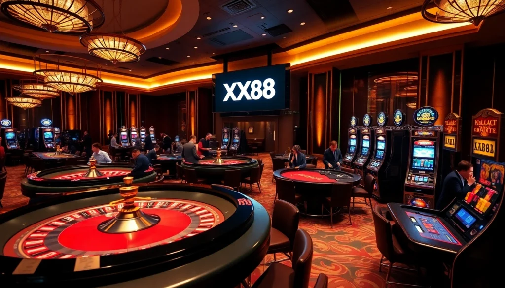 Exciting casino scene with XX88 logo and players enjoying roulette and slots.