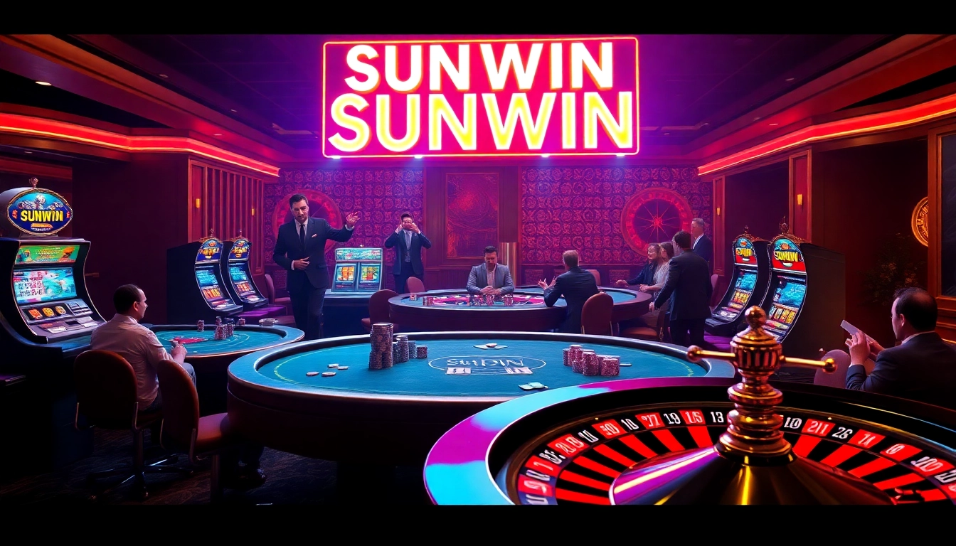 SUNWIN-themed vibrant casino scene with poker, dice, and slot machines showing excitement.