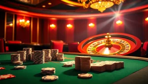 Experience the thrill of gambling at an LC88 casino with poker chips and cards on a luxurious table.