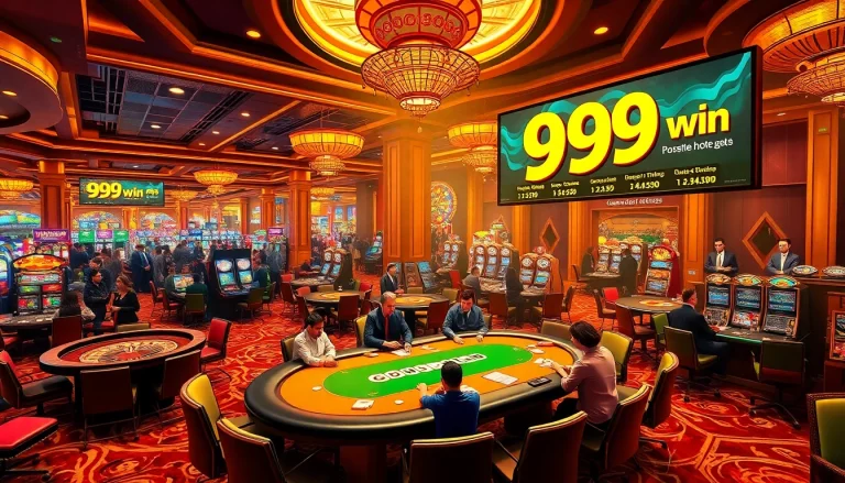 Exciting gambling scene featuring the 99win logo, poker tables, and roulette wheels in a luxurious casino.