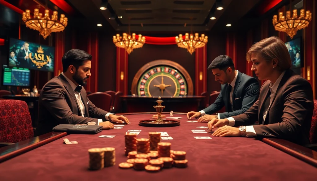 Professional players enjoying a high-stakes game at PG88 casino with glamorous surroundings.
