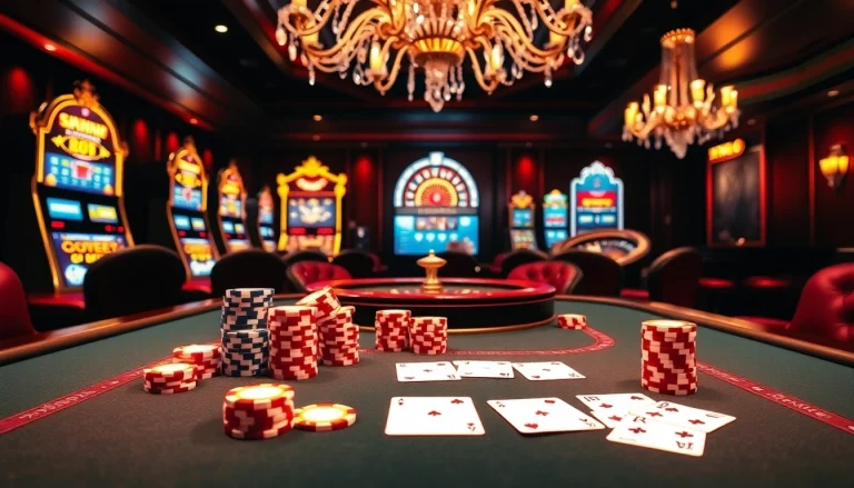 Join the action at https://f1682.email/ with a luxurious casino setup featuring poker chips and a roulette wheel.