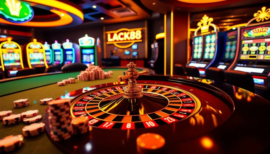 Experience the excitement of luck8 at a luxurious casino setting with roulette and poker chips.