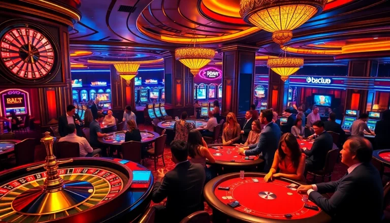 Experience the thrill of b52club with players at a vibrant casino, showcasing poker, roulette, and excitement.