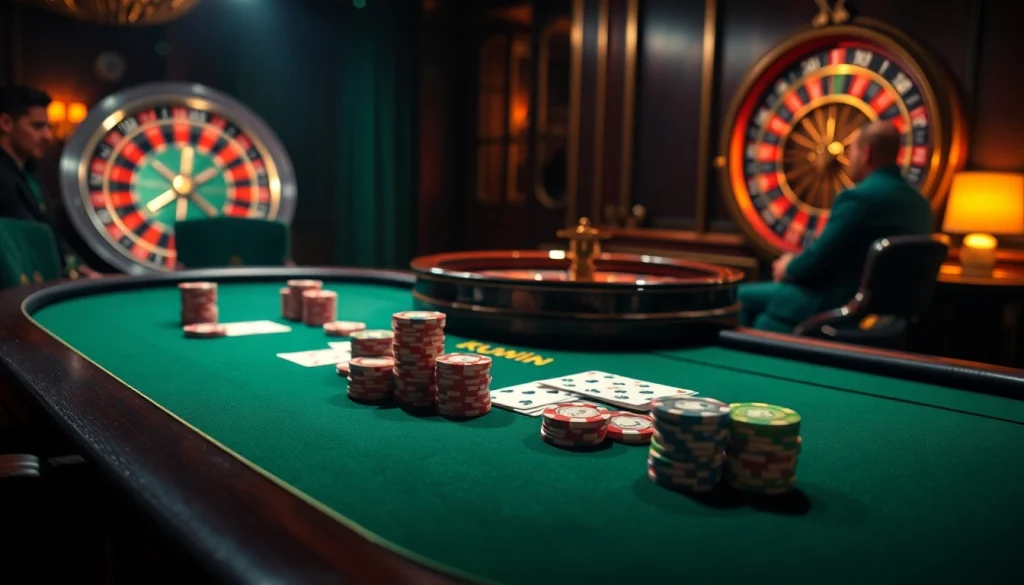 Kuwin poker table set for high-stakes play with vibrant chips and a roulette wheel in the background.