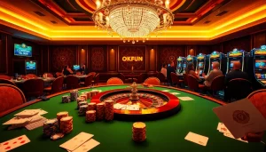 Experience the thrill of gaming at OKFUN's luxurious casino table with vibrant poker chips and cards.