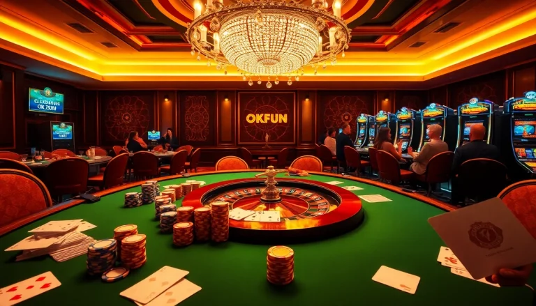 Experience the thrill of gaming at OKFUN's luxurious casino table with vibrant poker chips and cards.