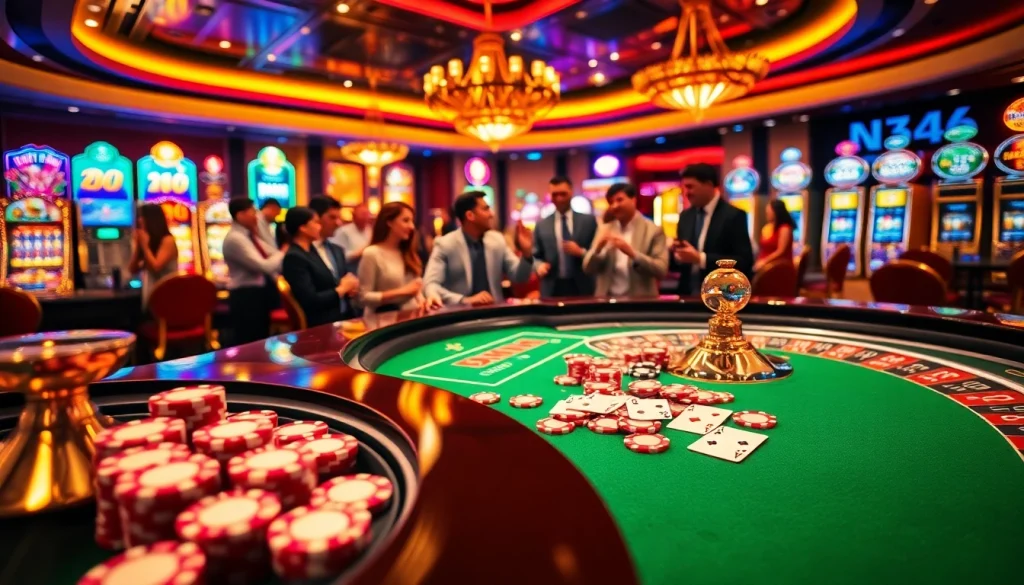 Engaging casino scene highlighting nk88 with poker chips, roulette wheel, and enthusiastic gamblers.
