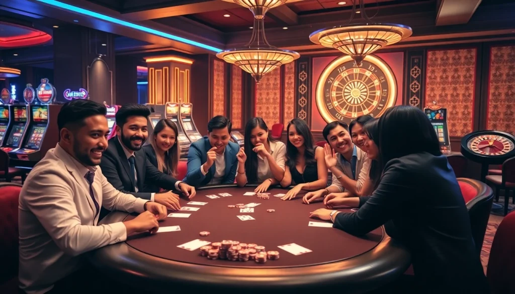 Players enjoying a thrilling game at 789club casino table surrounded by vibrant lights.