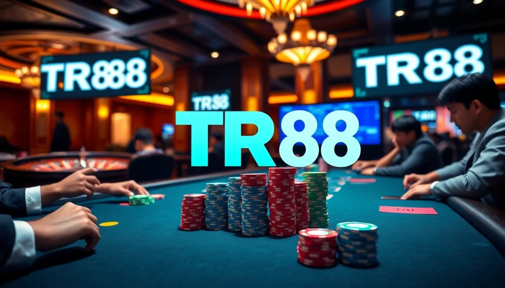 Engaged players at a poker table featuring TR88 branding, set in a luxurious casino atmosphere.