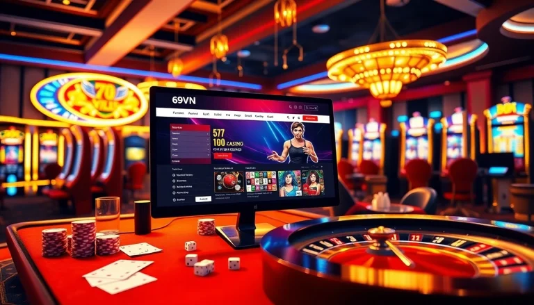 Engaging scene of online gambling at 69vn.gb.net featuring vibrant slots and casino tables.