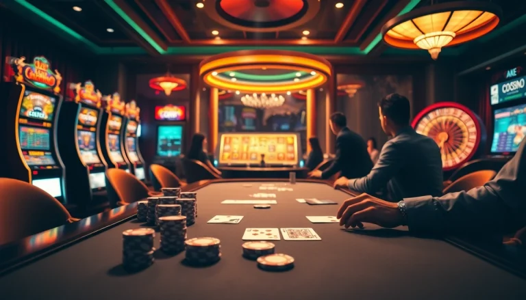 A dynamic casino scene with a poker table and slot machines, showcasing the excitement of go88hv.com.