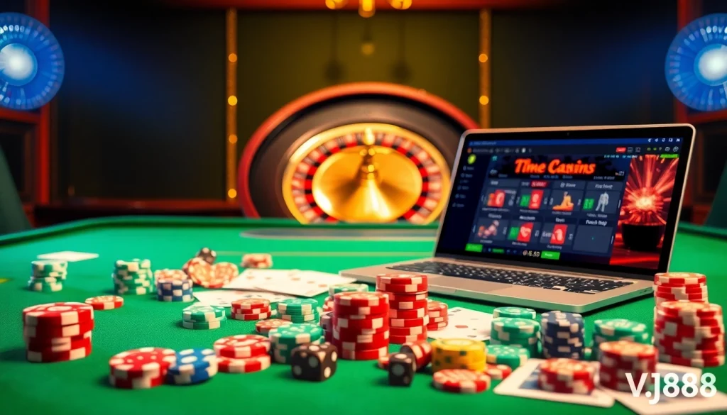 Experience the thrilling atmosphere of VJ88 casino with vibrant poker chips and a roulette wheel.
