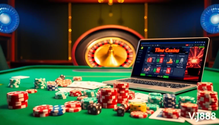 Experience the thrilling atmosphere of VJ88 casino with vibrant poker chips and a roulette wheel.