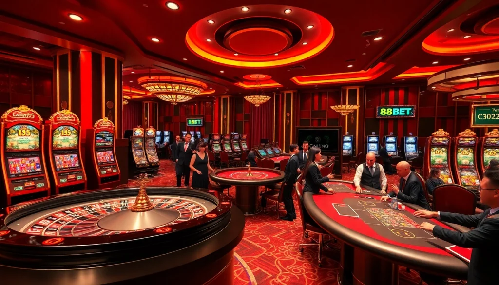 Exciting gaming scene at casino 88BET featuring roulette, slots, and eager players.