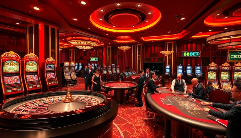Exciting gaming scene at casino 88BET featuring roulette, slots, and eager players.