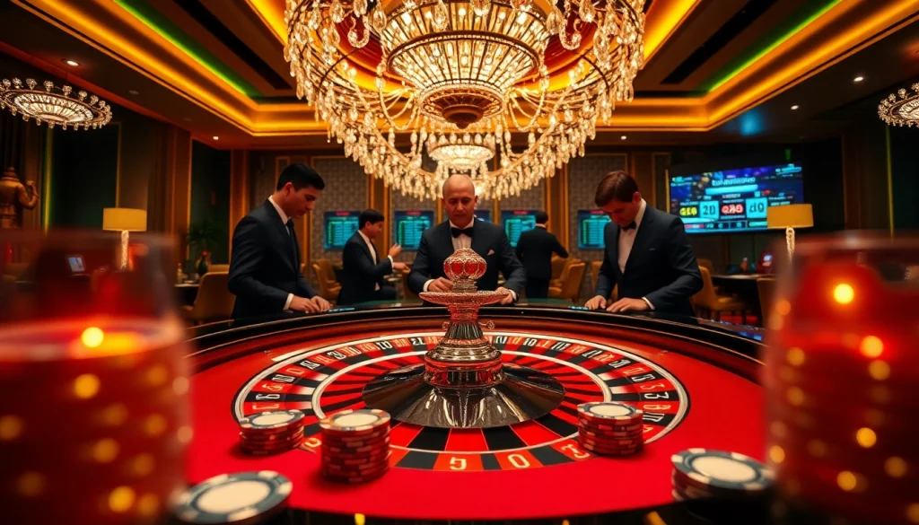 Players enjoying roulette at RR88 casino, showcasing luxury and excitement in gambling.