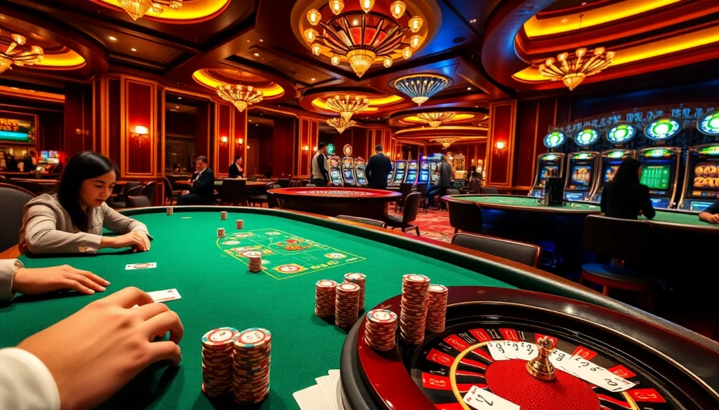 Engaged players enjoying games at casino luckywin, vibrant atmosphere with poker and slot machines.