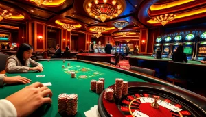 Engaged players enjoying games at casino luckywin, vibrant atmosphere with poker and slot machines.