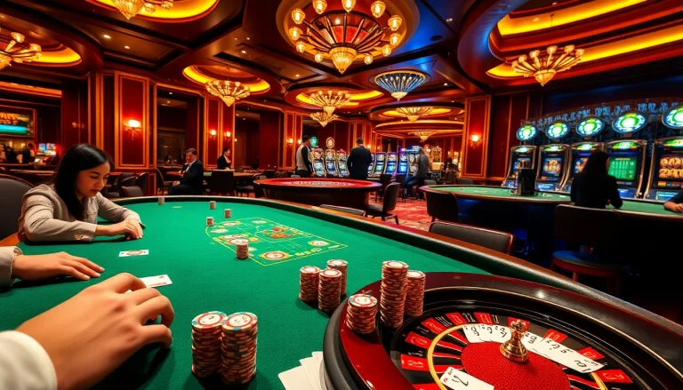 Engaged players enjoying games at casino luckywin, vibrant atmosphere with poker and slot machines.