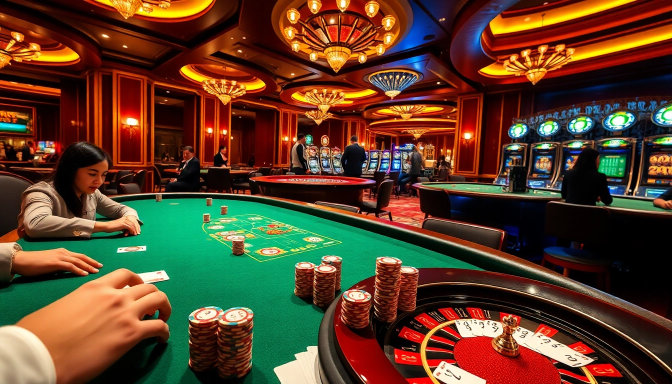 Engaged players enjoying games at casino luckywin, vibrant atmosphere with poker and slot machines.