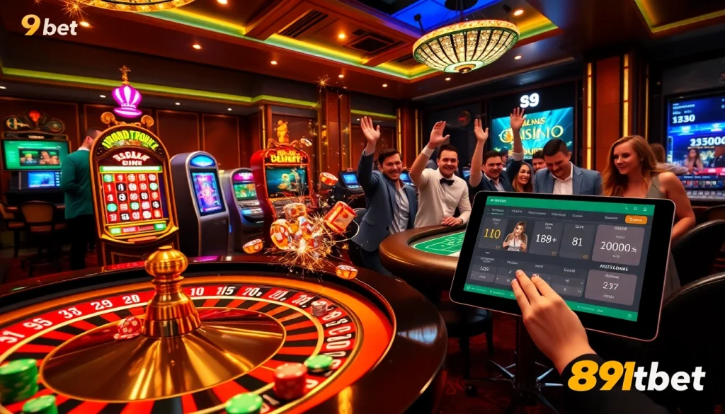 Experience the excitement of 89bet with vibrant casino tables and enthusiastic gamblers.