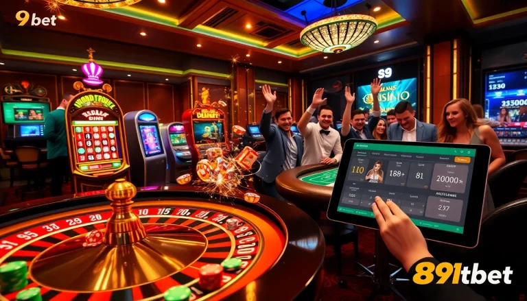 Experience the excitement of 89bet with vibrant casino tables and enthusiastic gamblers.