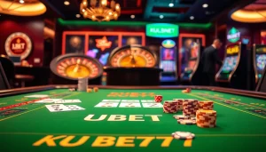 KUBET77 casino gaming table with vibrant cards and chips, inviting an engaging gambling experience.