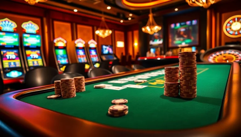Experience the thrill of online gaming at 7C77 Casino with vibrant slot machines and poker tables.