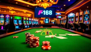 Engaging casino experience at https://f168.blue/ with poker chips and vibrant slot machines.
