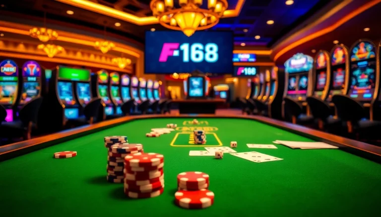 Engaging casino experience at https://f168.blue/ with poker chips and vibrant slot machines.