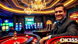 Exciting atmosphere at OK365 casino with vibrant slot machines and poker tables.