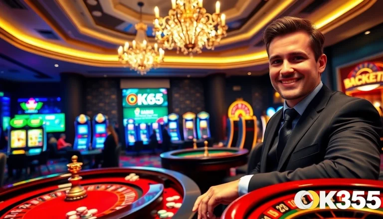 Exciting atmosphere at OK365 casino with vibrant slot machines and poker tables.