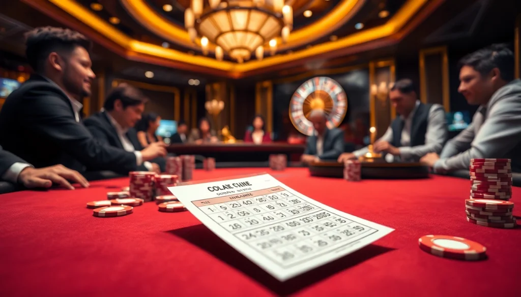 Gamblers strategizing with soi cầu lô kép at a luxurious casino poker table.