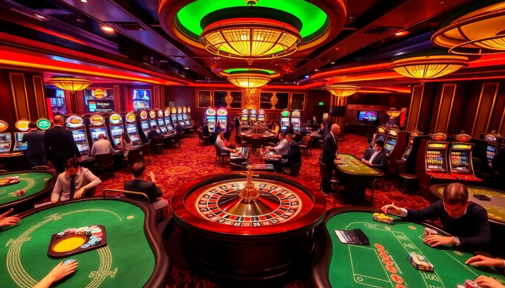 Gamblers engaging at an elegant casino with 88i-themed roulette and poker tables.