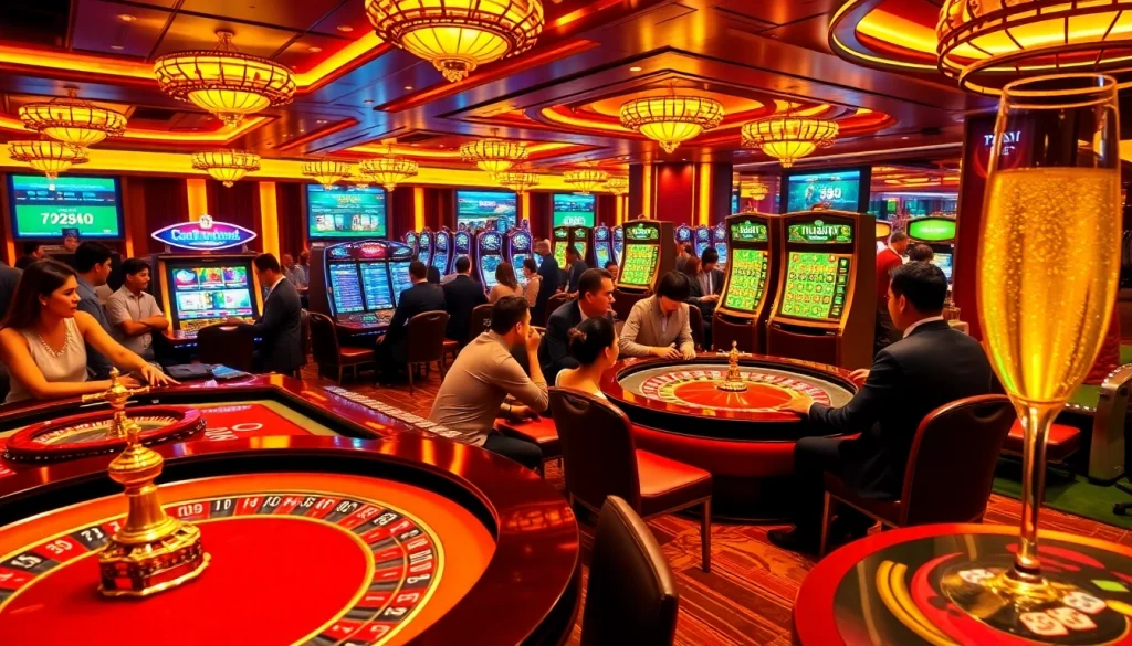 Players enjoying a thrilling game at 789CLUB online casino, showcasing vibrant slot machines and tables.