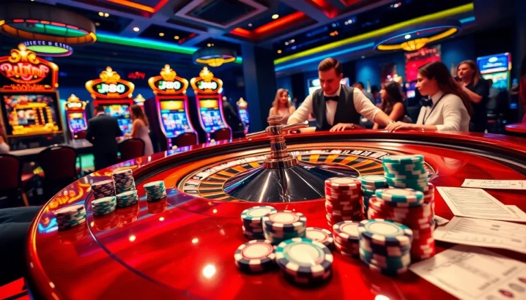 Players engaging at the j88-themed roulette table in a vibrant casino setting.
