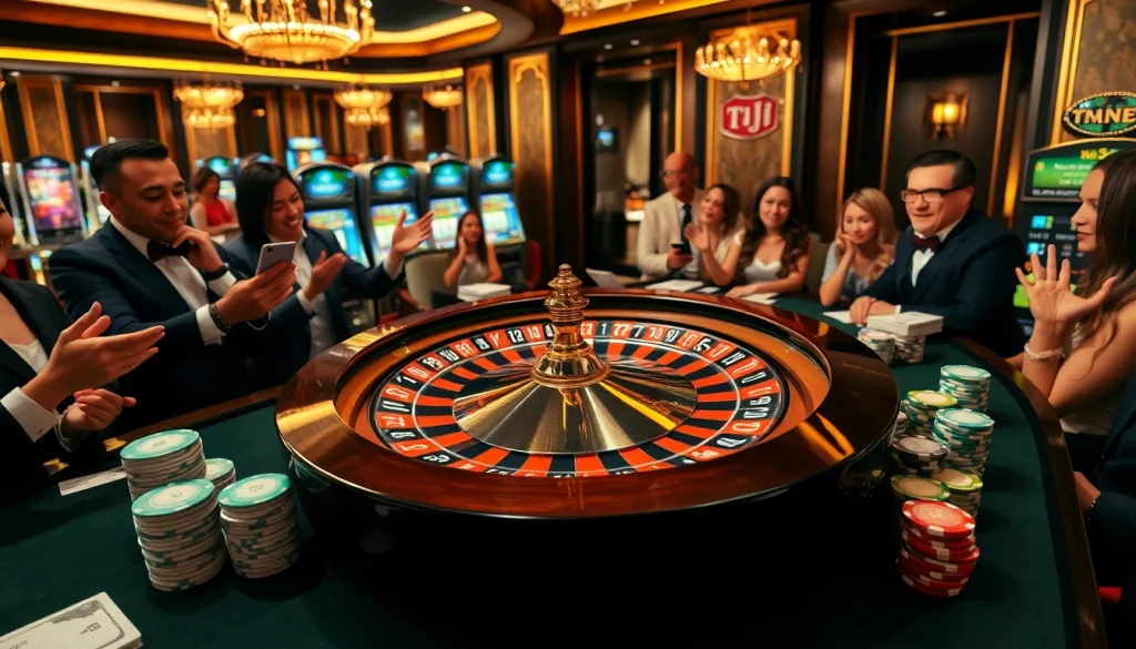 Players celebrate a winning hand at a TPJ-sponsored casino table with vibrant poker chips.