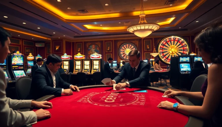 Players engage intensely at the KP88 poker table in a glamorous casino setting.