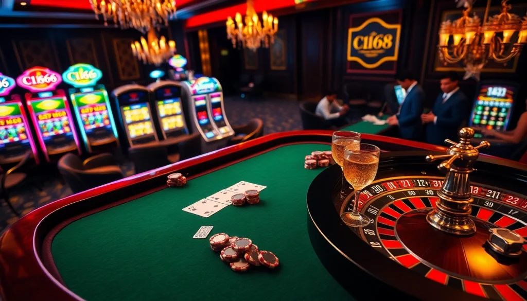 Experience the thrill of C168-themed high-stakes poker with vibrant chips and stylish cards at a bustling casino.
